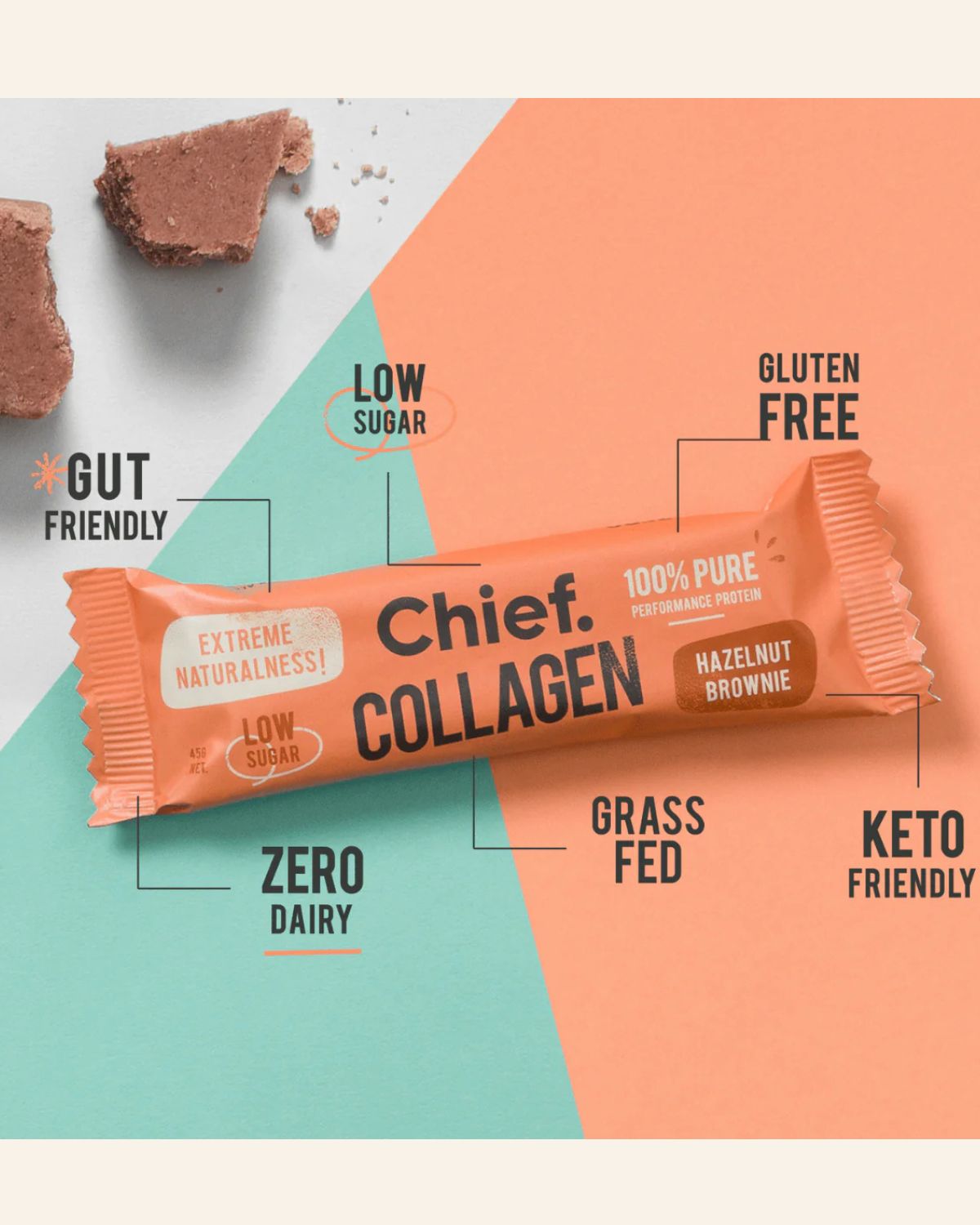 Chief, Baton Proteic cu Colagen, Brownie cu Alune, 45g