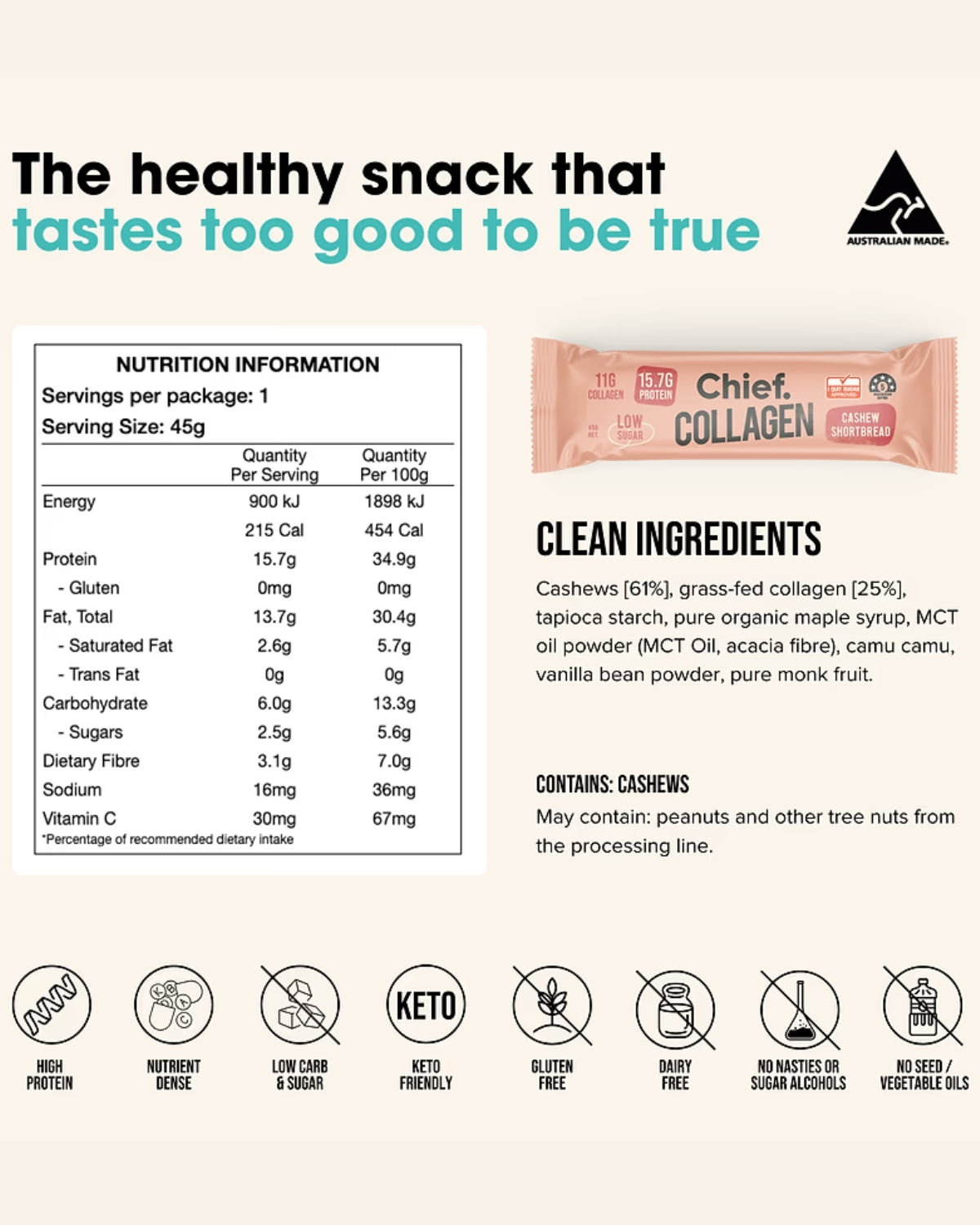Chief, Baton Proteic cu Colagen, Shortbread cu Caju, 45g