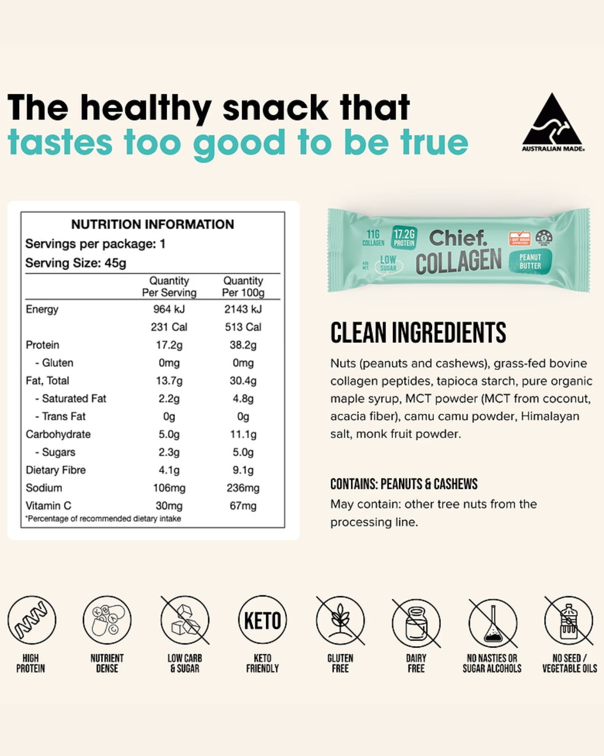 Chief, Baton Proteic cu Colagen, Unt de Arahide, 45g